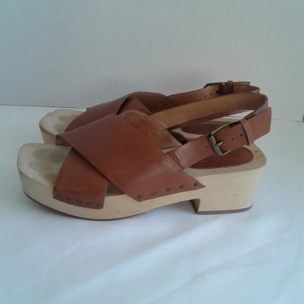 Madewell Brown Leather Wood Platform Slingback Sandals Size 6 MC706